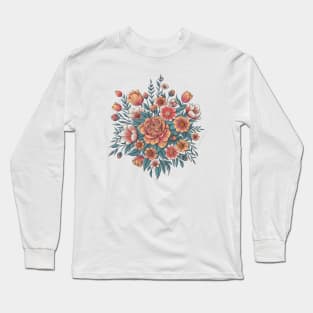 Roses Pattern. Hand Drawn Floral Illustration in Retro Style. Long Sleeve T-Shirt